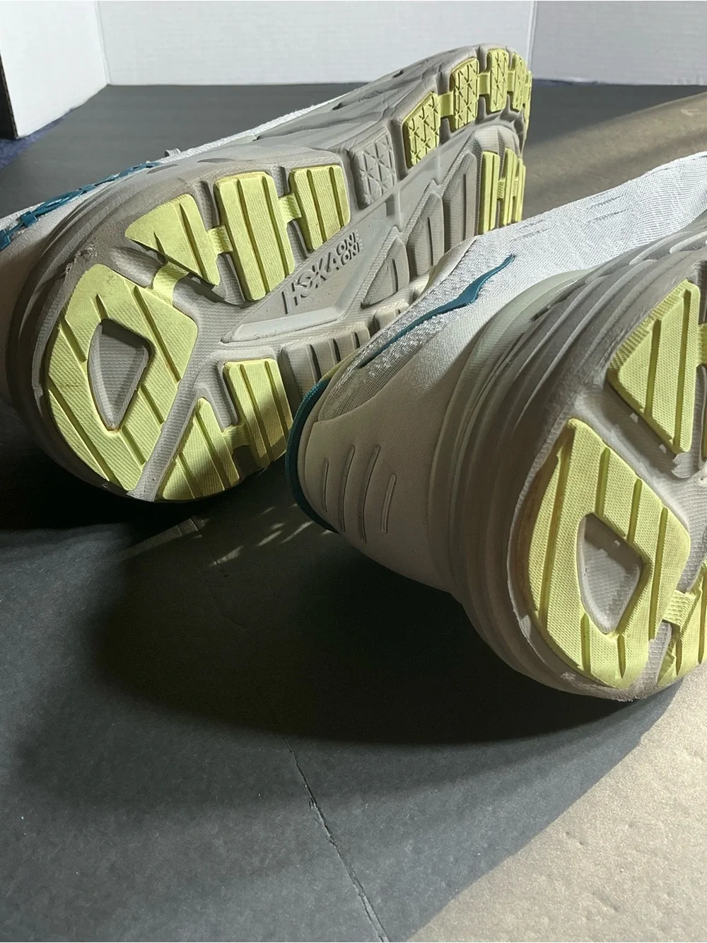 Hoka One One lite gray Running Shoes with Lime and Teal Accents